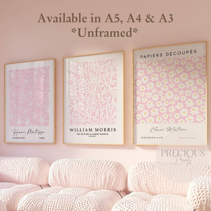 Set of 3 Pink Matisse / William Morris Prints A5 A4 A3 Wall Art Gallery Decor