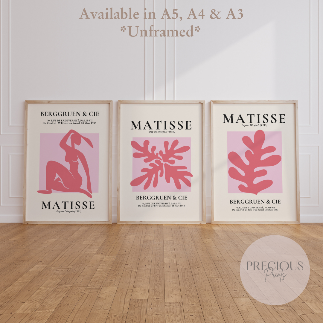 Set of 3 Pink Matisse Prints A5 A4 A3 Wall Art Gallery Decor