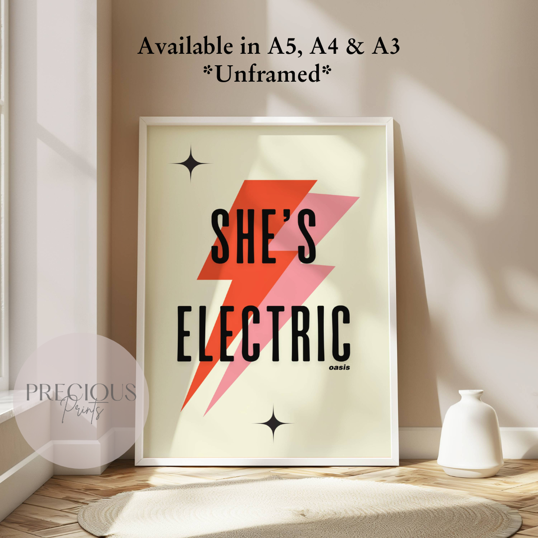 Oasis Lyric Print Music Poster / She's Electric / Wall Art A5 A4 A3 Unframed