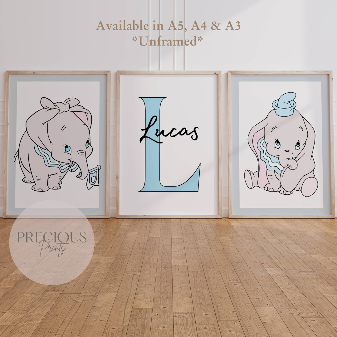 Set of 3 Personalised Dumbo Nursery Prints / Boys Poster / A5 A4 A3 / Gloss