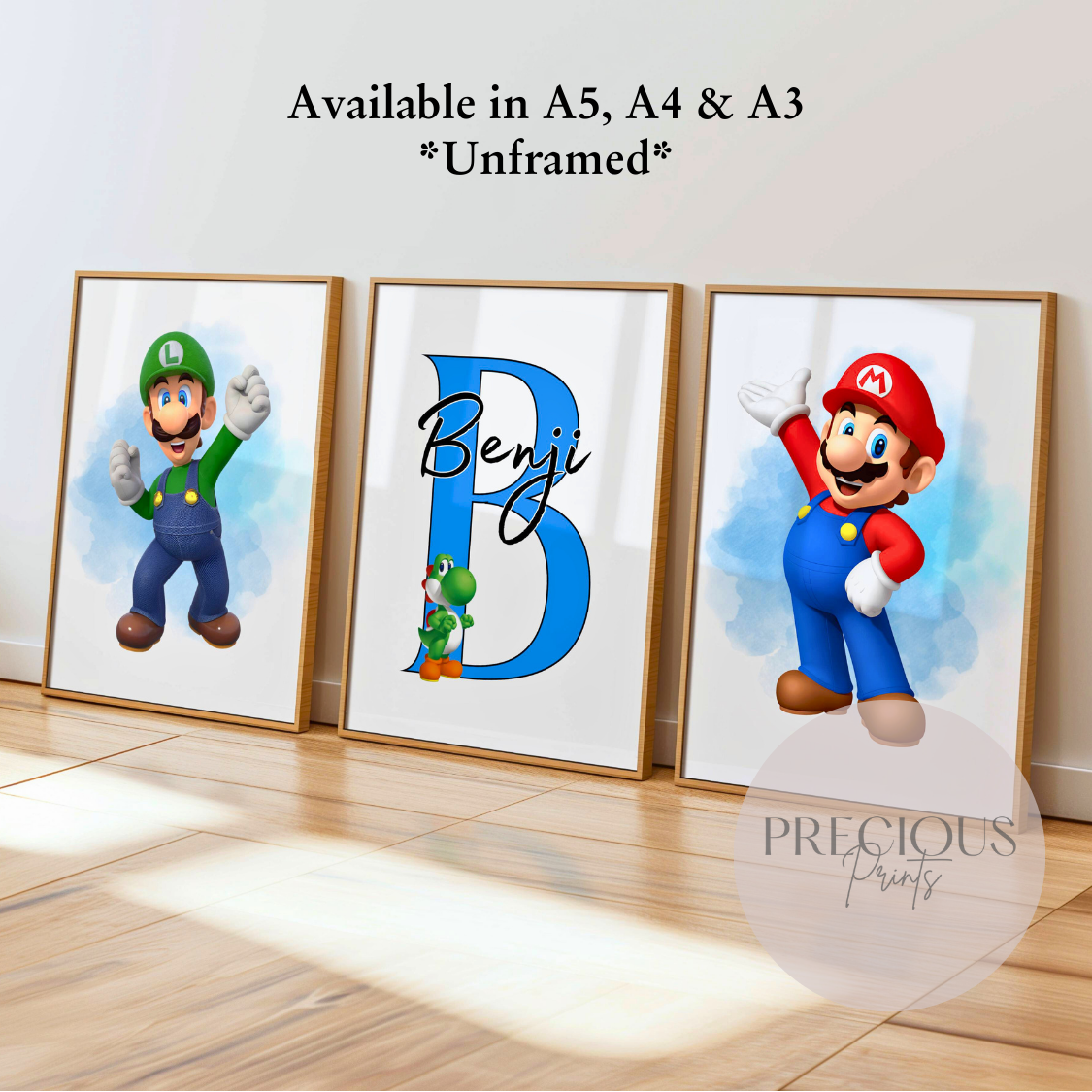 Set of 3 Mario Luigi Yoshi Personalised Prints / Gaming Prints / Boys Bedroom