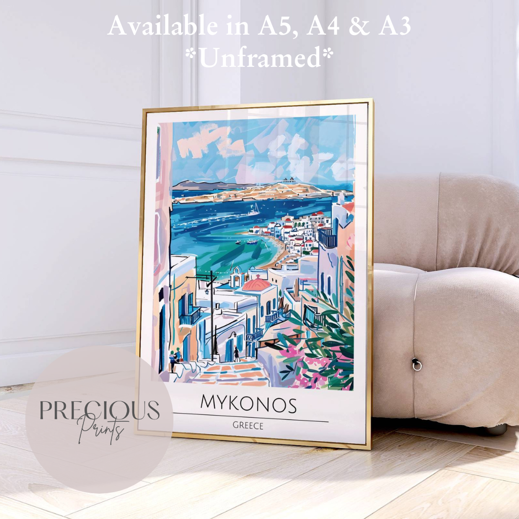 Greece, Mykonos Travel Print Poster / Vintage Wall Art / A5 A4 A3 / Unframed