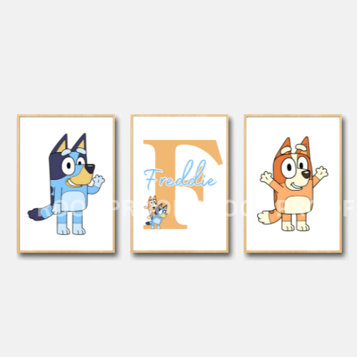 Set of 3 Personalised Girl/boy Nursery bedroom Print / Bluey Bingo A5 A4 A3