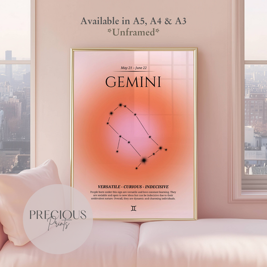 Gemini Zodiac Print / Preppy Trendy Wall Art Poster / A5 A4 A3 Unframed Pink