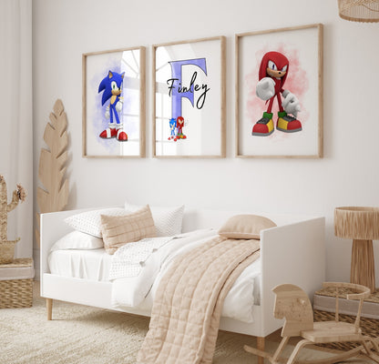 Set of 3 Childrens Personalised Sonic and Knuckles Bedroom Print / A5 A4 A3