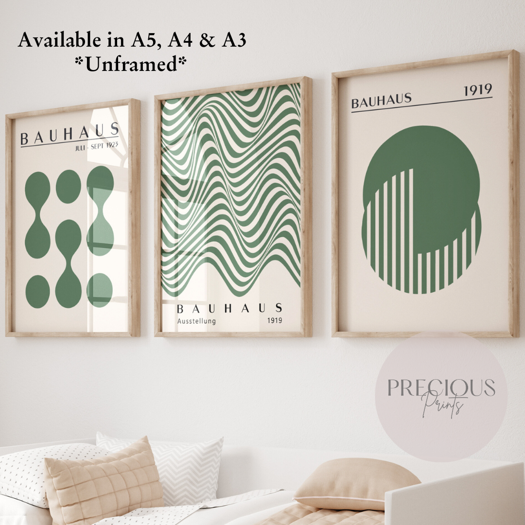 Set of 3 Bauhaus Prints A5 A4 A3 Art Exhibition Sage Green Poster