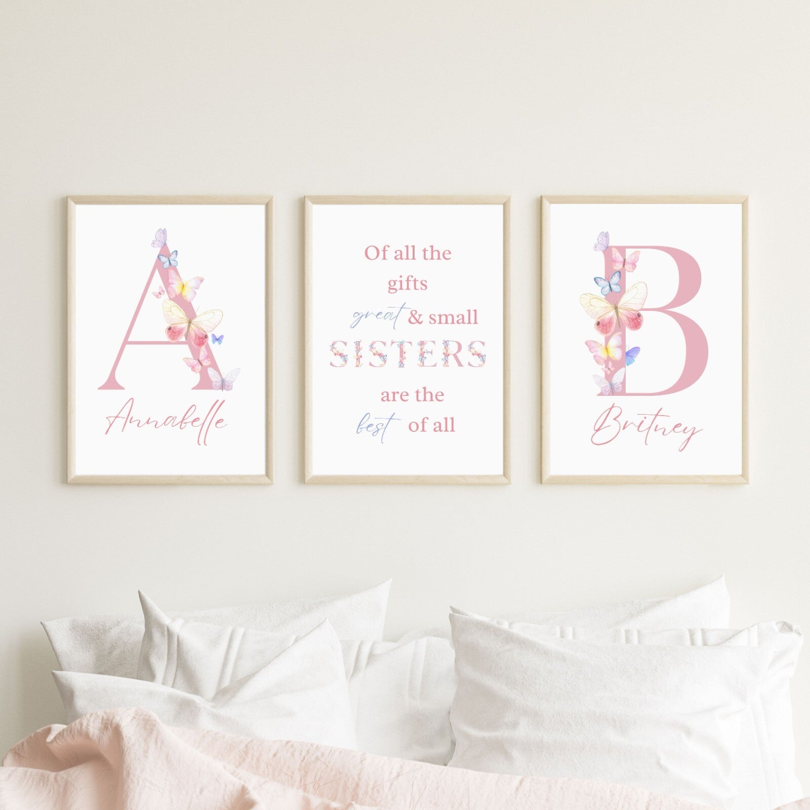 Set of 3 Sisters Personalised Butterflies Child bedroom Nursery Print / A5 A4 A3