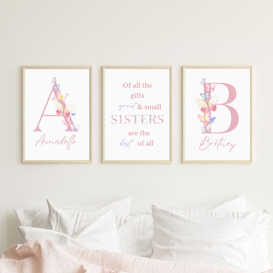Set of 3 Sisters Personalised Butterflies Child bedroom Nursery Print / A5 A4 A3