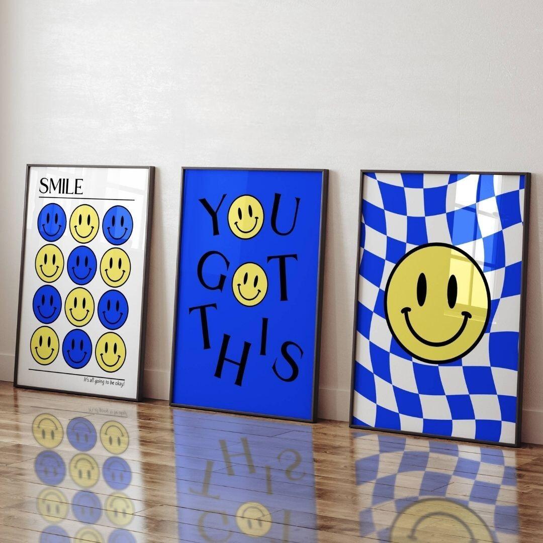 Set of 3 Blue Smiley Prints