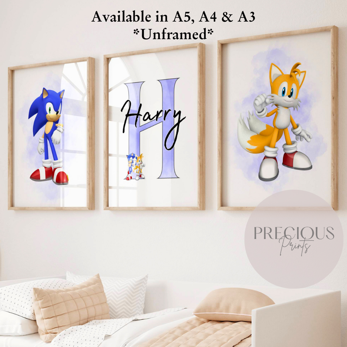 Set of 3 Childrens Personalised Sonic and Tails Bedroom Print / A5 A4 A3
