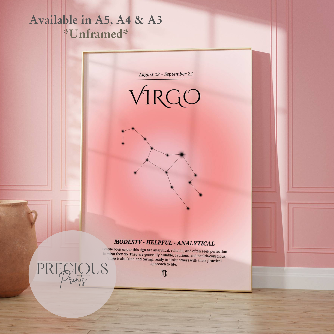 Virgo Zodiac Print / Preppy Trendy Wall Art Poster / A5 A4 A3 Unframed Pink
