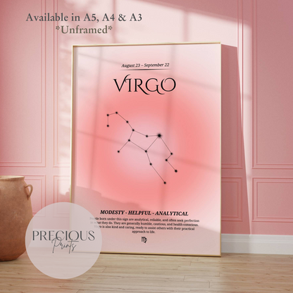 Virgo Zodiac Print / Preppy Trendy Wall Art Poster / A5 A4 A3 Unframed Pink