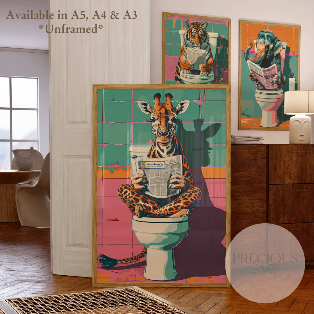 Giraffe on Toilet Print / Funny Art Poster / Humour / Pop Art / Trendy A5 A4 A3