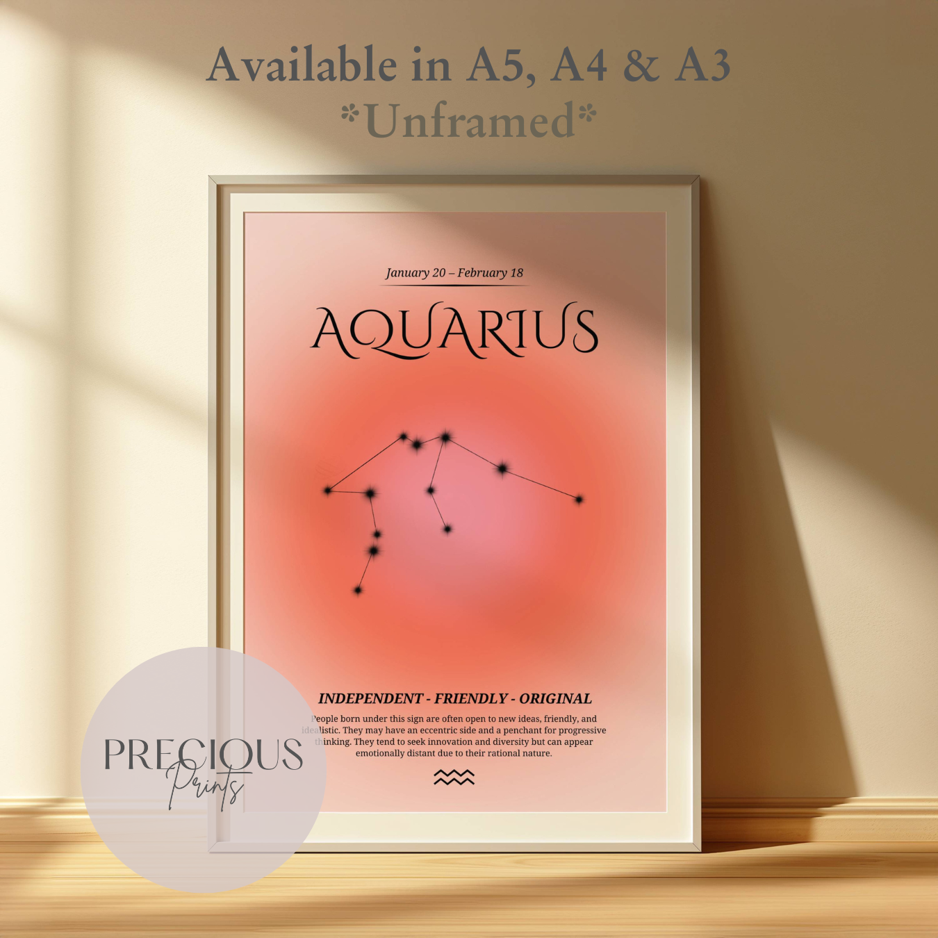 Aquarius Zodiac Print / Preppy Trendy Wall Art Poster / A5 A4 A3 Unframed Pink