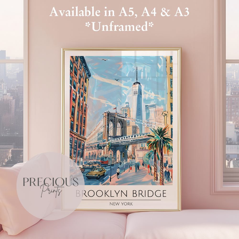 New York - Brooklyn Bridge Travel Print Poster- Travel Poster - Vintage Wall Art