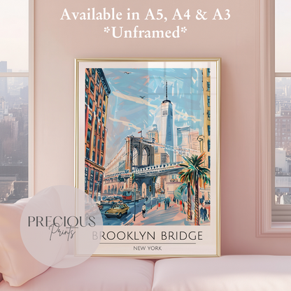 New York - Brooklyn Bridge Travel Print Poster- Travel Poster - Vintage Wall Art