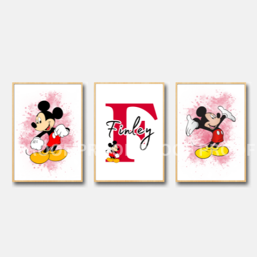 Set of 3 Personalised Girl/boy Nursery bedroom Print / Mickey Mouse A5 A4 A3