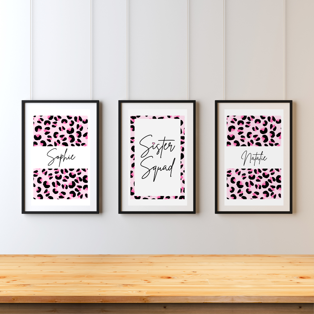 Set of 3 Sister Squad Leopard Print Personalised bedroom Print / Preppy