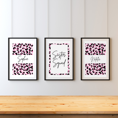 Set of 3 Sister Squad Leopard Print Personalised bedroom Print / Preppy