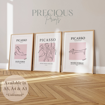 Set of 3 Pink Picasso Dancers Cat, Dachshund Morris Prints Art Gallery Decor