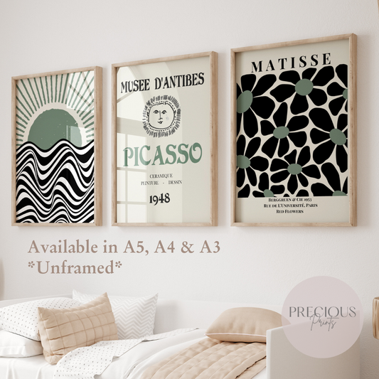 Set of 3 Bauhaus Matisse Picasso Prints A5 A4 A3 Art Exhibition Sage Green