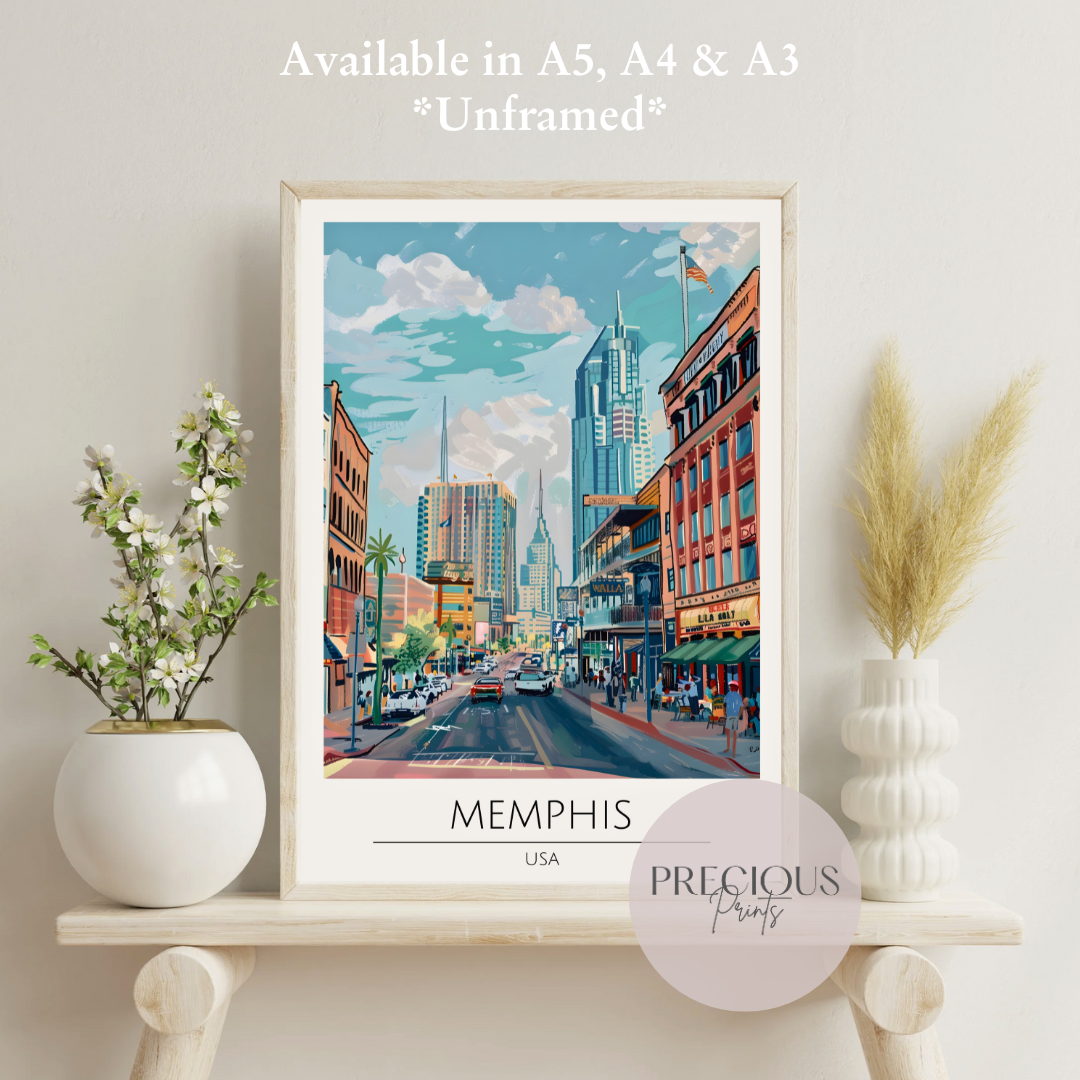 USA, Memphis Travel Print Poster / Vintage Wall Art / A5 A4 A3