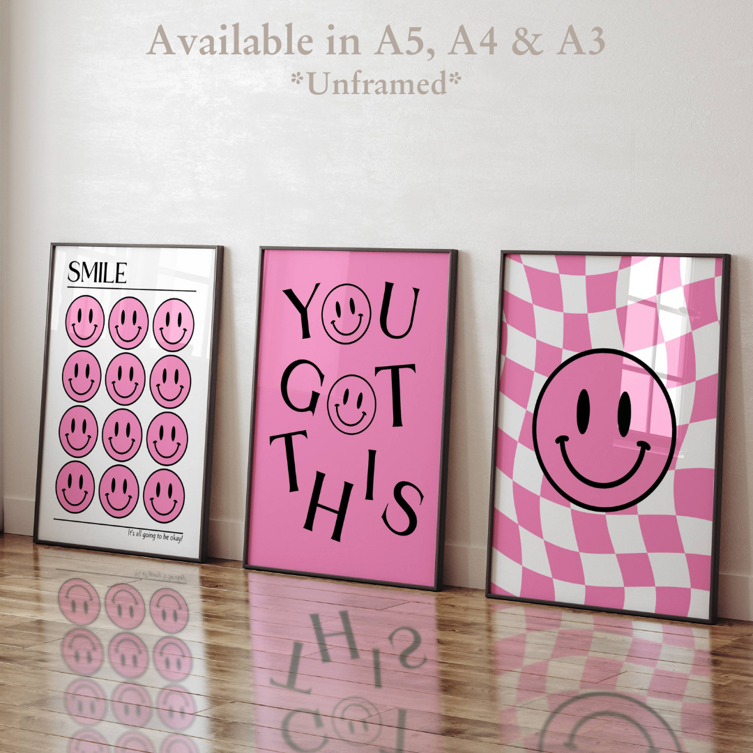 Set of 3 Pink Smiley Preppy Prints Motivational Poster / Collage Preppy Poster