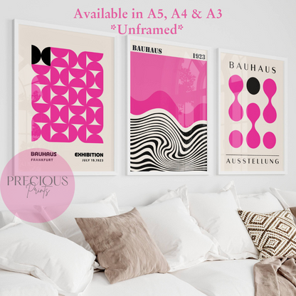 Set of 3 Pink Bauhaus Prints A5 A4 A3 Art Exhibition Fuchsia Pink Poster
