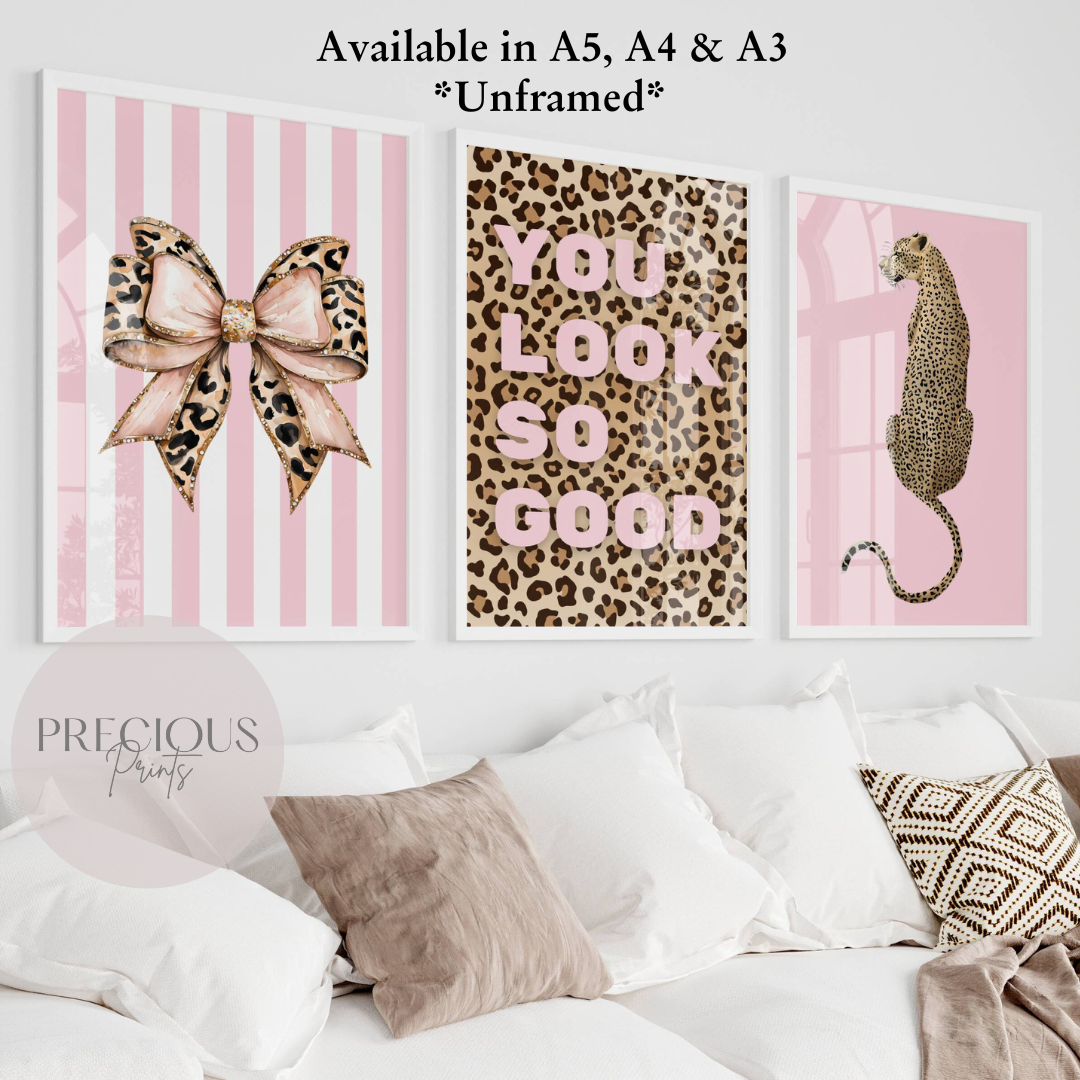 Set of 3 Pink Trendy Preppy Prints Bow Leopard Print Postive Wall Art A5 A4 A3