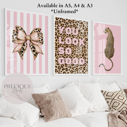 Set of 3 Pink Trendy Preppy Prints Bow Leopard Print Postive Wall Art A5 A4 A3