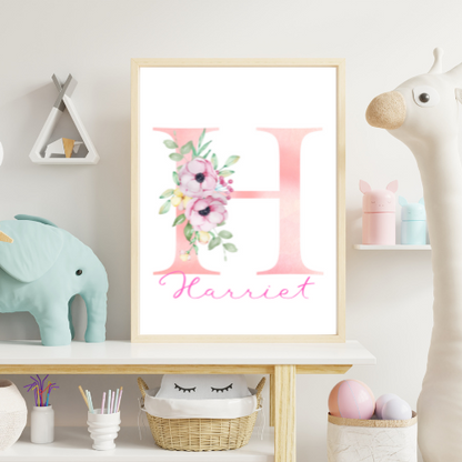 Personalised Floral Name Nursery Print Girls  A5 A4 A3