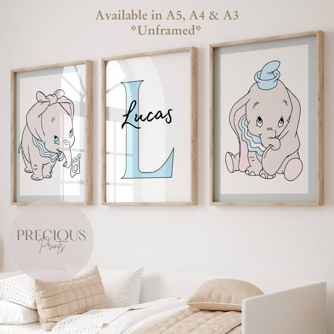 Set of 3 Personalised Dumbo Nursery Prints / Boys Poster / A5 A4 A3 / Gloss