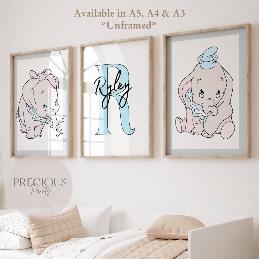 Set of 3 Personalised Dumbo Nursery Prints / Boys Poster / A5 A4 A3 / Gloss