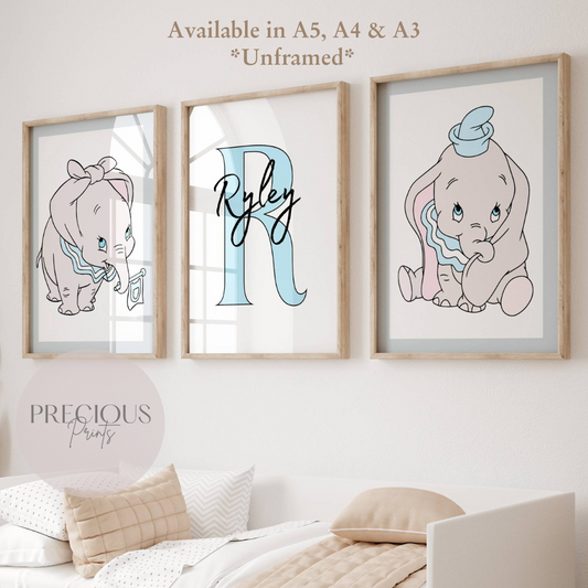 Set of 3 Personalised Dumbo Nursery Prints / Boys Poster / A5 A4 A3 / Gloss