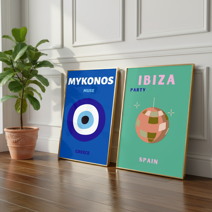 Ibiza & Mykonos Travel Print Set of 2 | Mediterranean Wall Art Posters