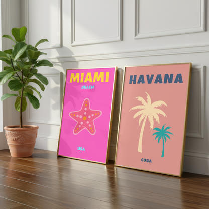 Havana & Miami Travel Print Set of 2 | Tropical Sunset Wall Art