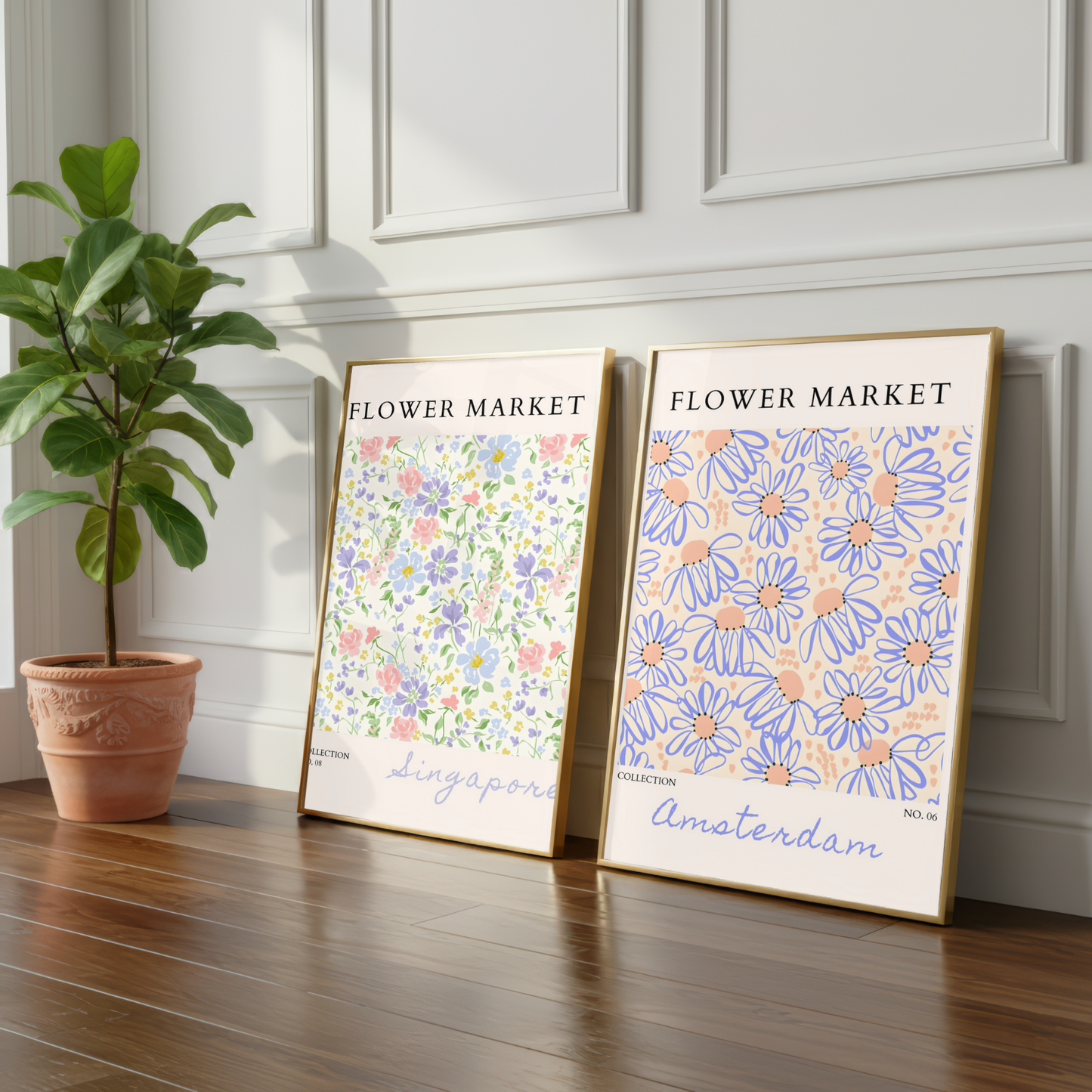 Set of 2 - Amsterdam and Singapore Flower Market Prints