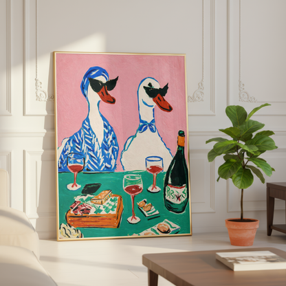 Funny Ducks Drinking Wine Wall Art Print