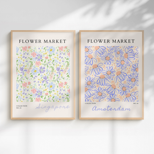 Set of 2 - Amsterdam and Singapore Flower Market Prints