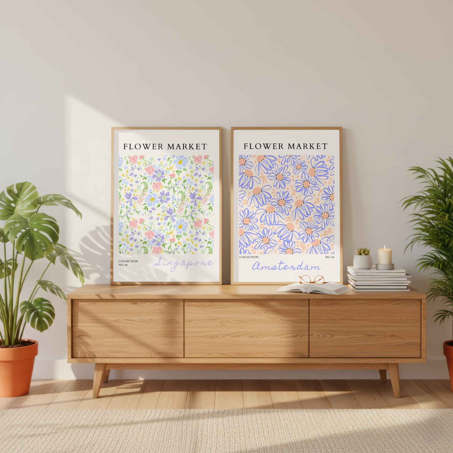 Set of 2 - Amsterdam and Singapore Flower Market Prints