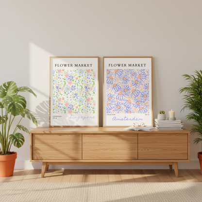 Set of 2 - Amsterdam and Singapore Flower Market Prints