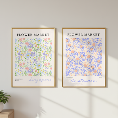 Set of 2 - Amsterdam and Singapore Flower Market Prints