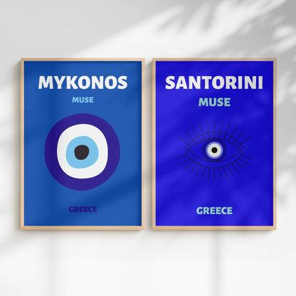 Mykonos & Santorini Travel Print Set of 2 | Greek Islands Wall Art