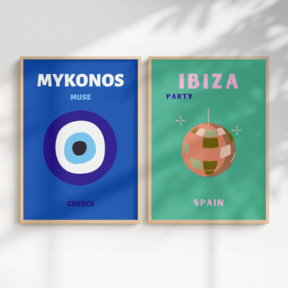 Ibiza & Mykonos Travel Print Set of 2 | Mediterranean Wall Art Posters