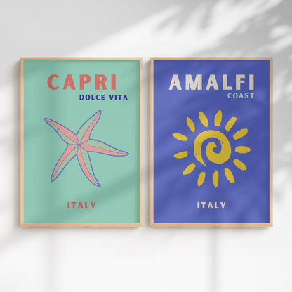 Capri & Amalfi Coast Travel Print Set of 2 | Italian Coastal Wall Art