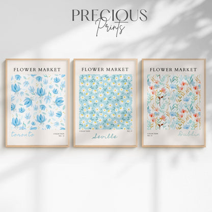 Set of 3 Blue Flower Market Prints