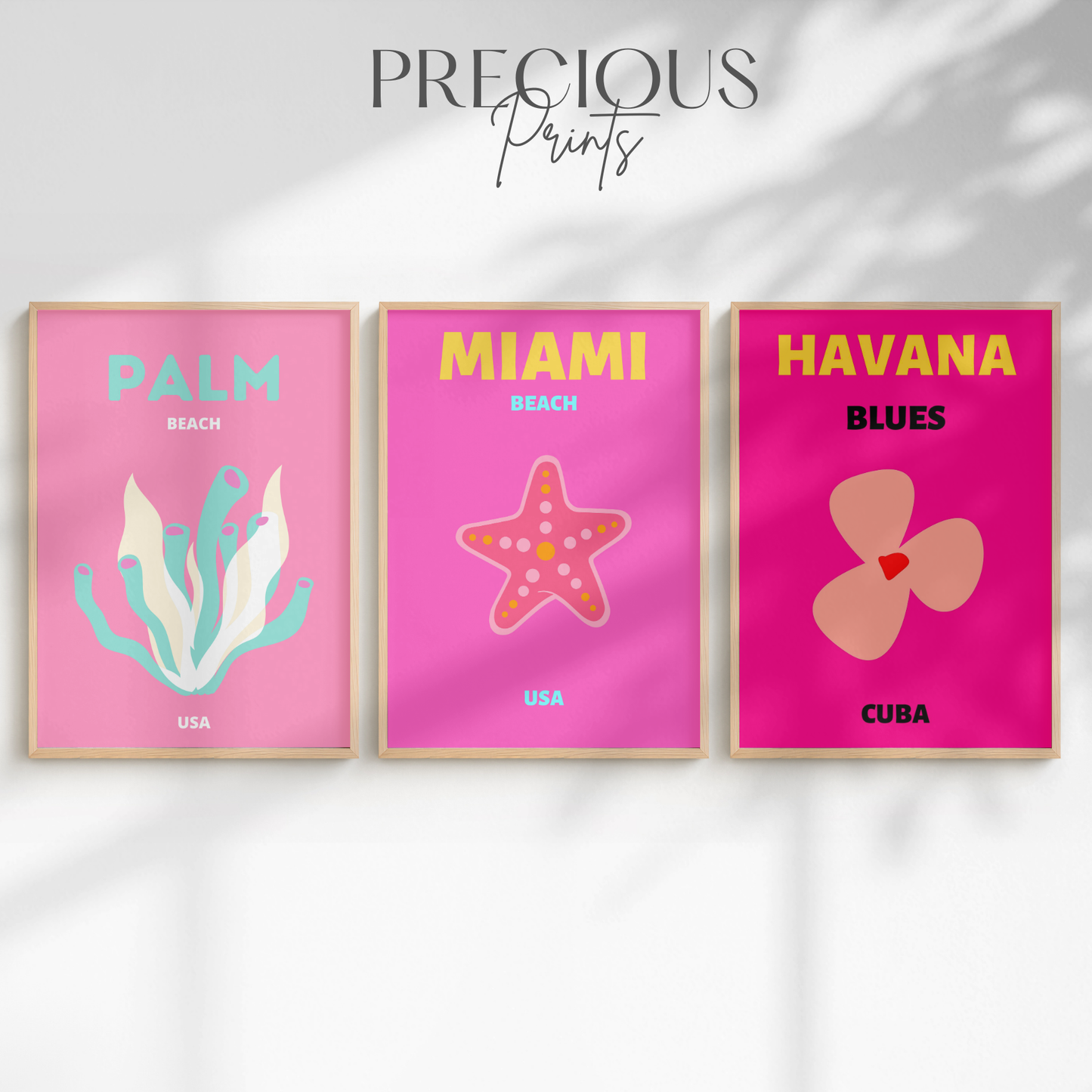 Pink Tropical Travel Print Set of 3 | Miami, Palm Beach & Havana Wall Art