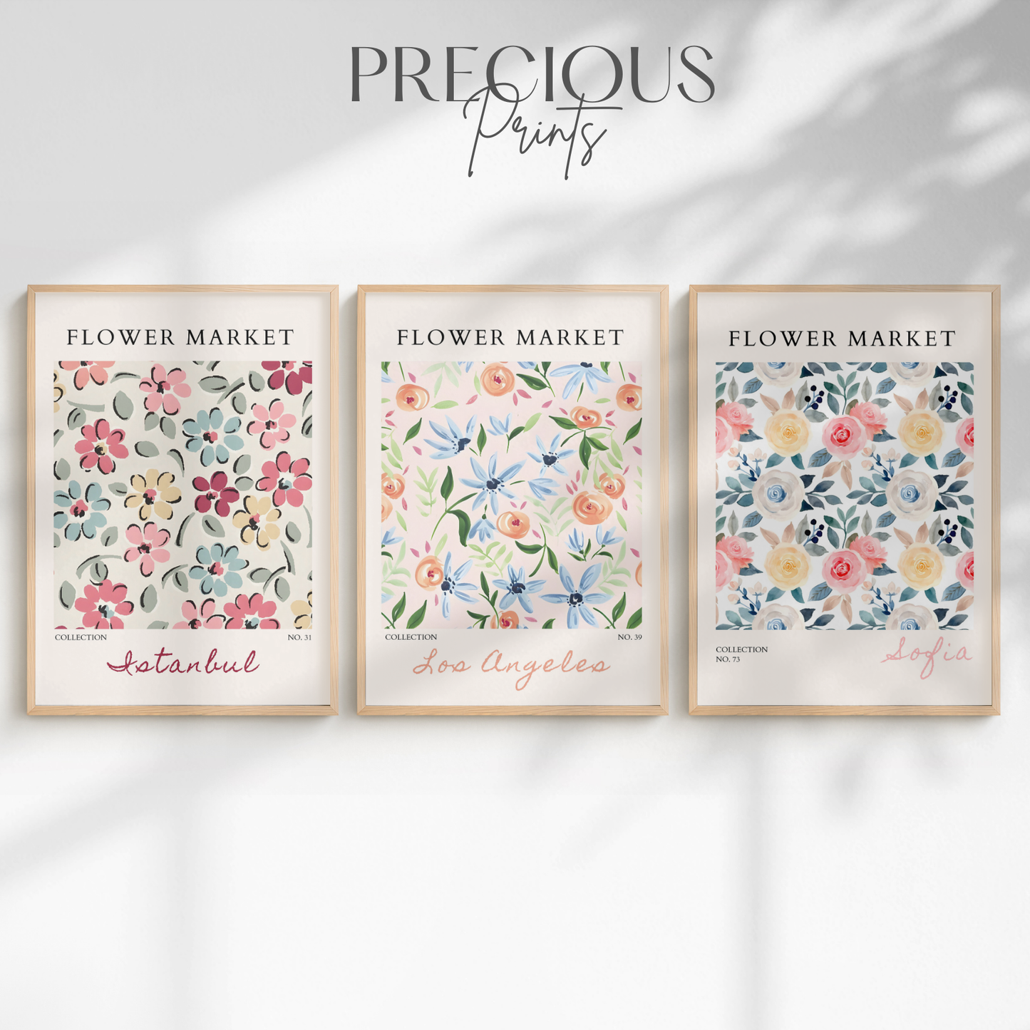 Set of 3 Pink, Coral & Blue Flower Market Prints