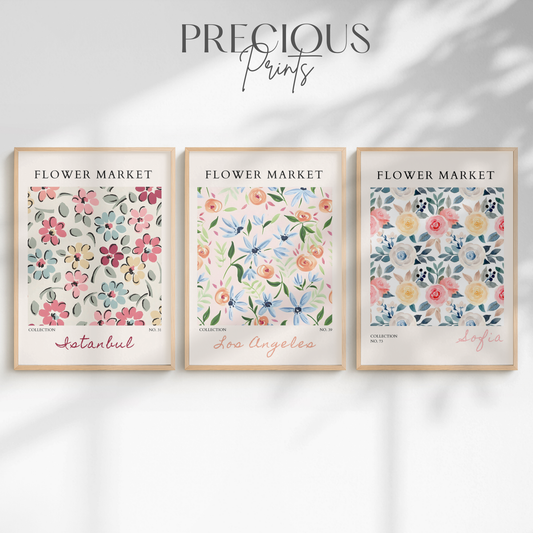 Set of 3 Pink, Coral & Blue Flower Market Prints