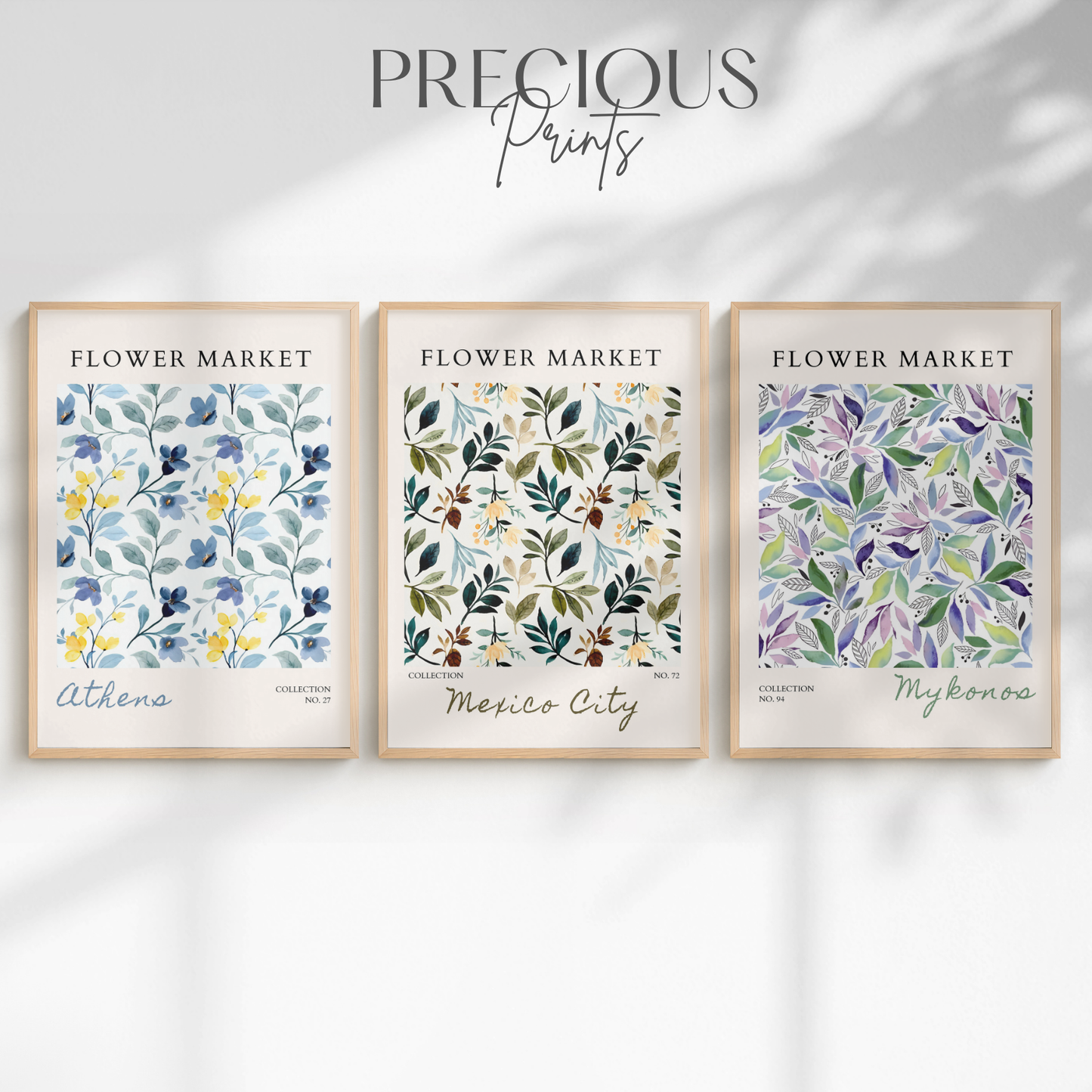 Set of 3 Blue Flower Market Prints